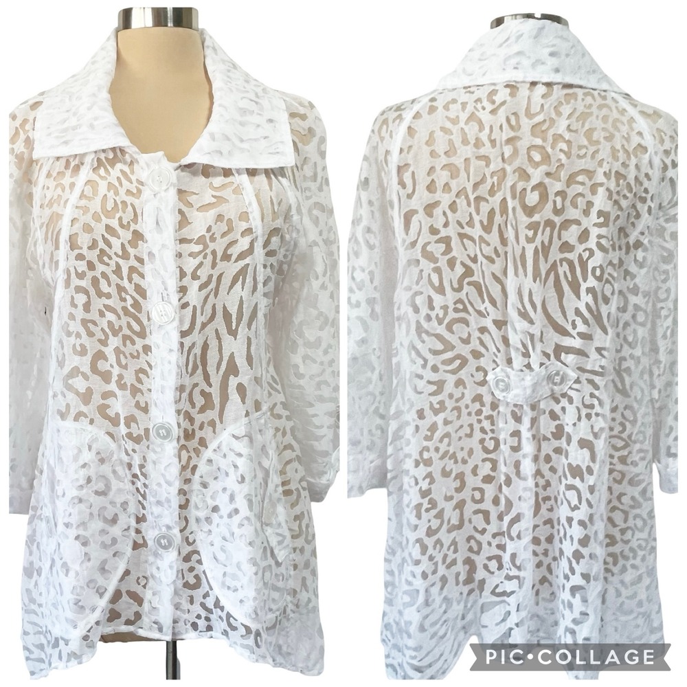 Multiples White Sheer Burnout Leopard Print Button Front Jacket Tunic Top Sz XL